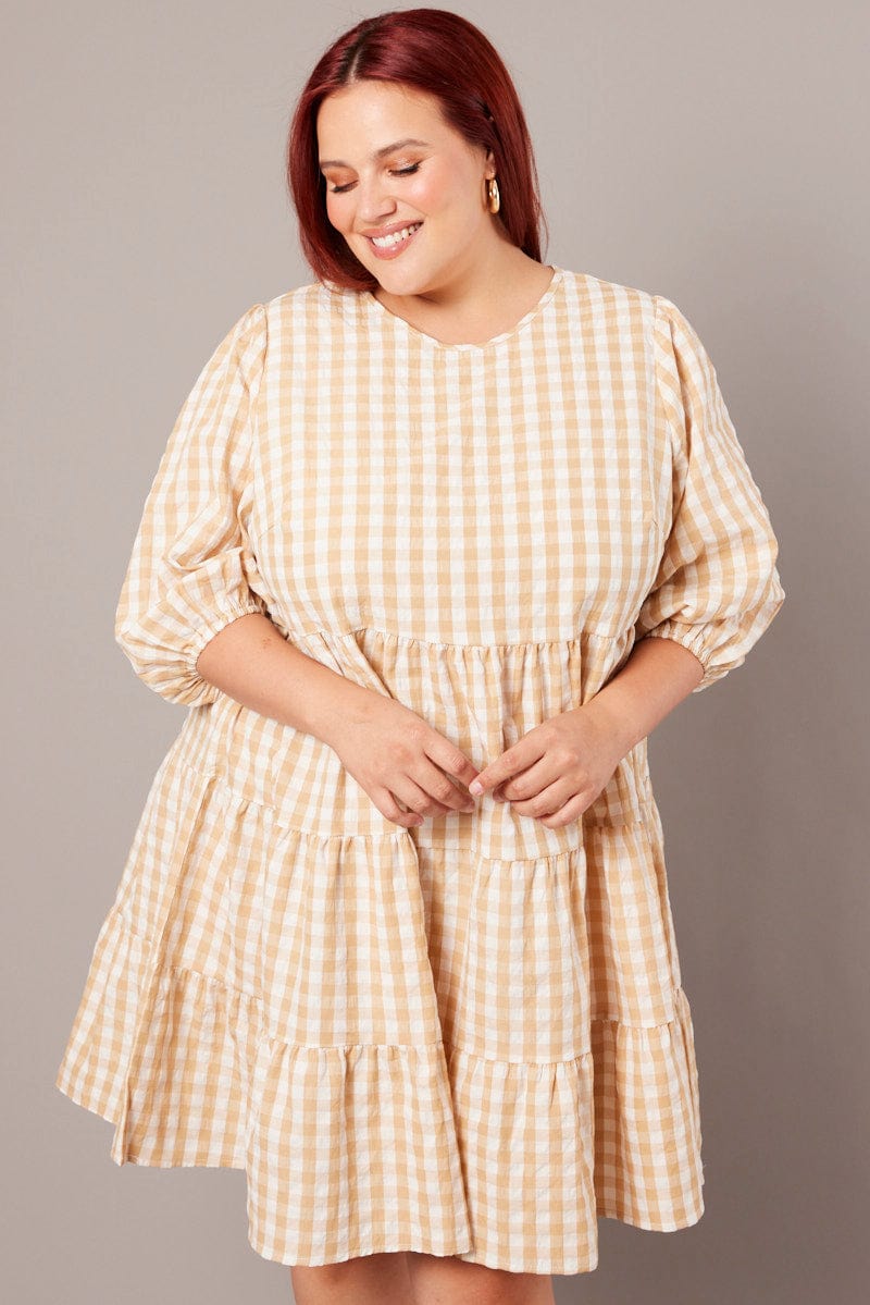 Beige Check Puff 3/4 Sleeve Gingham Smock Dress for YouandAll Fashion