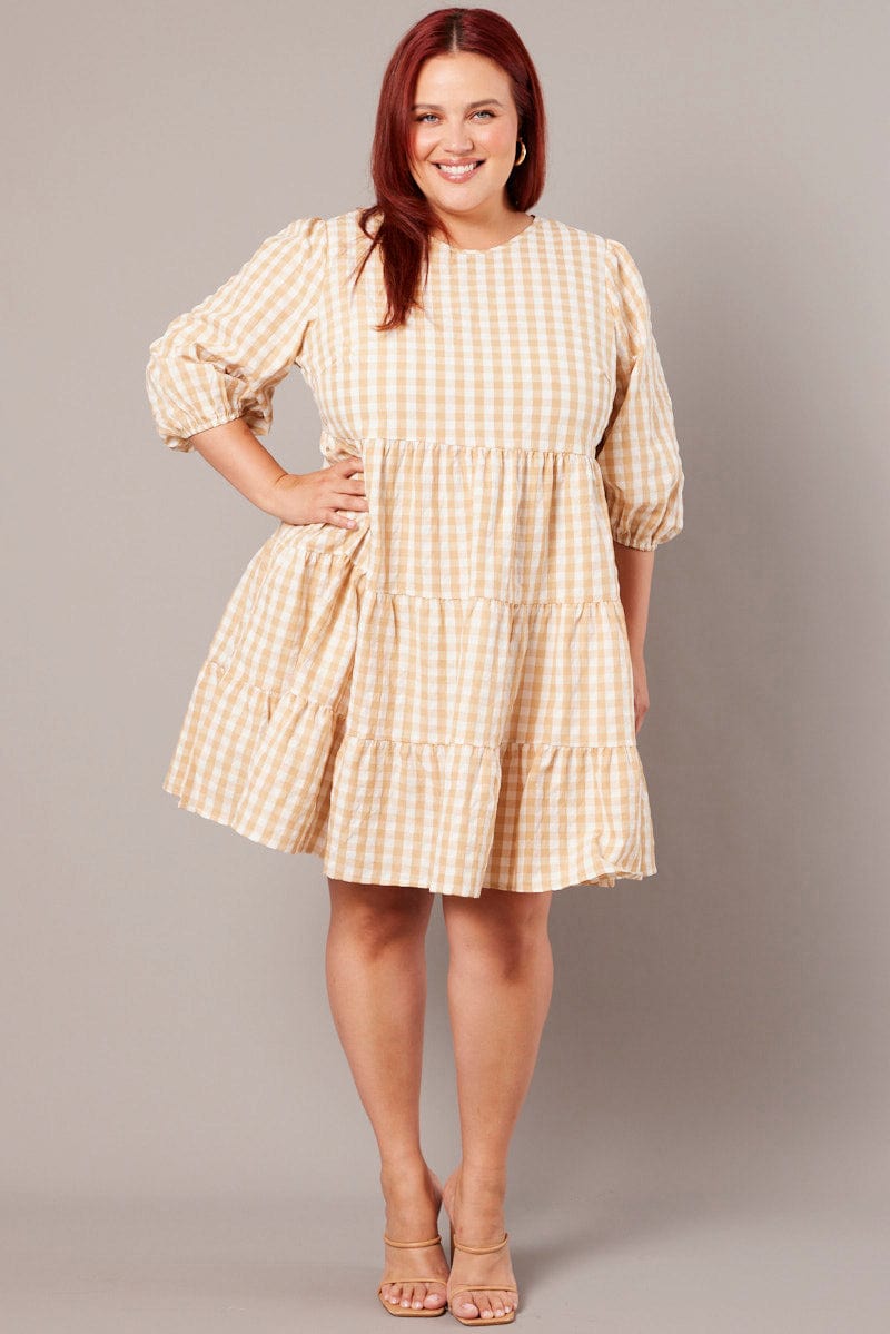 Beige Check Puff 3/4 Sleeve Gingham Smock Dress | You & All Beige Check Puff 3/4 Sleeve Gingham Smock Dress | You & All