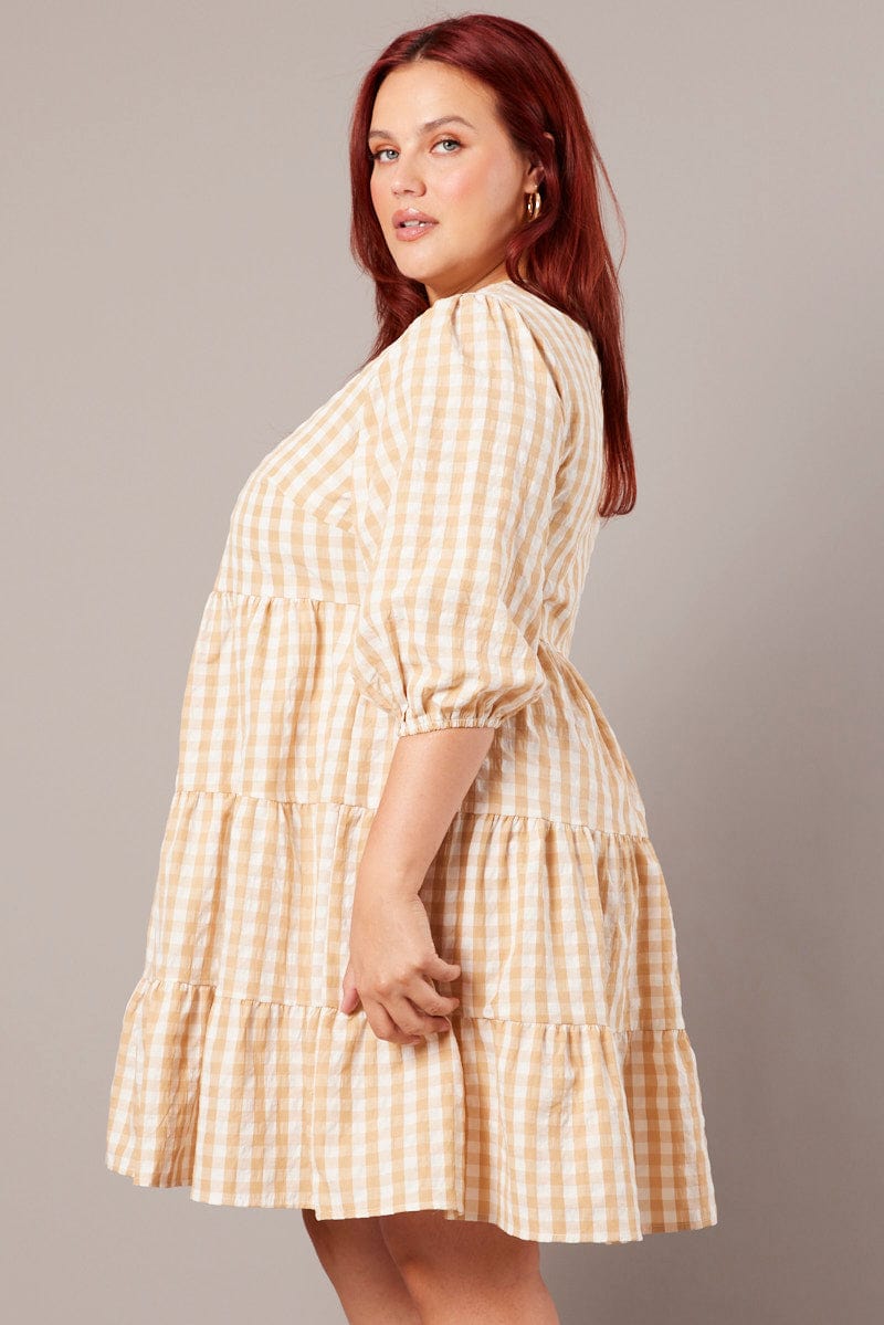 Beige Check Puff 3/4 Sleeve Gingham Smock Dress | You & All Beige Check Puff 3/4 Sleeve Gingham Smock Dress | You & All