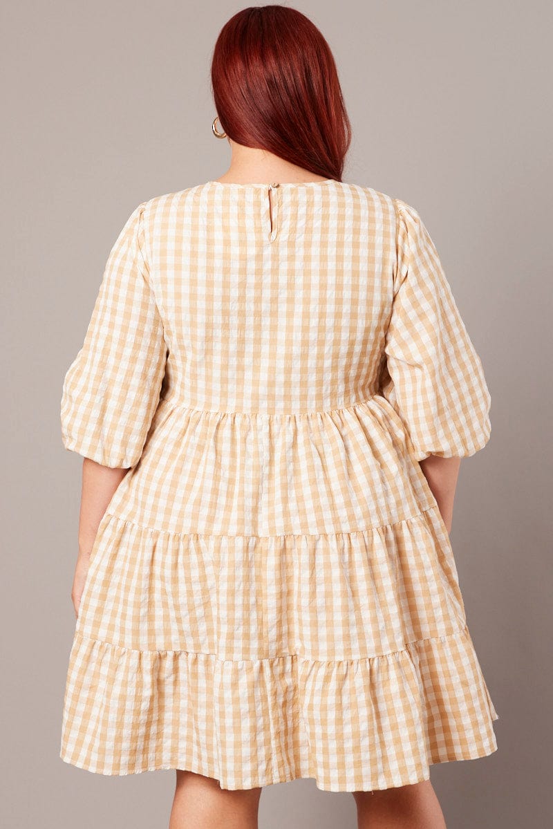 Beige Check Puff 3/4 Sleeve Gingham Smock Dress for YouandAll Fashion