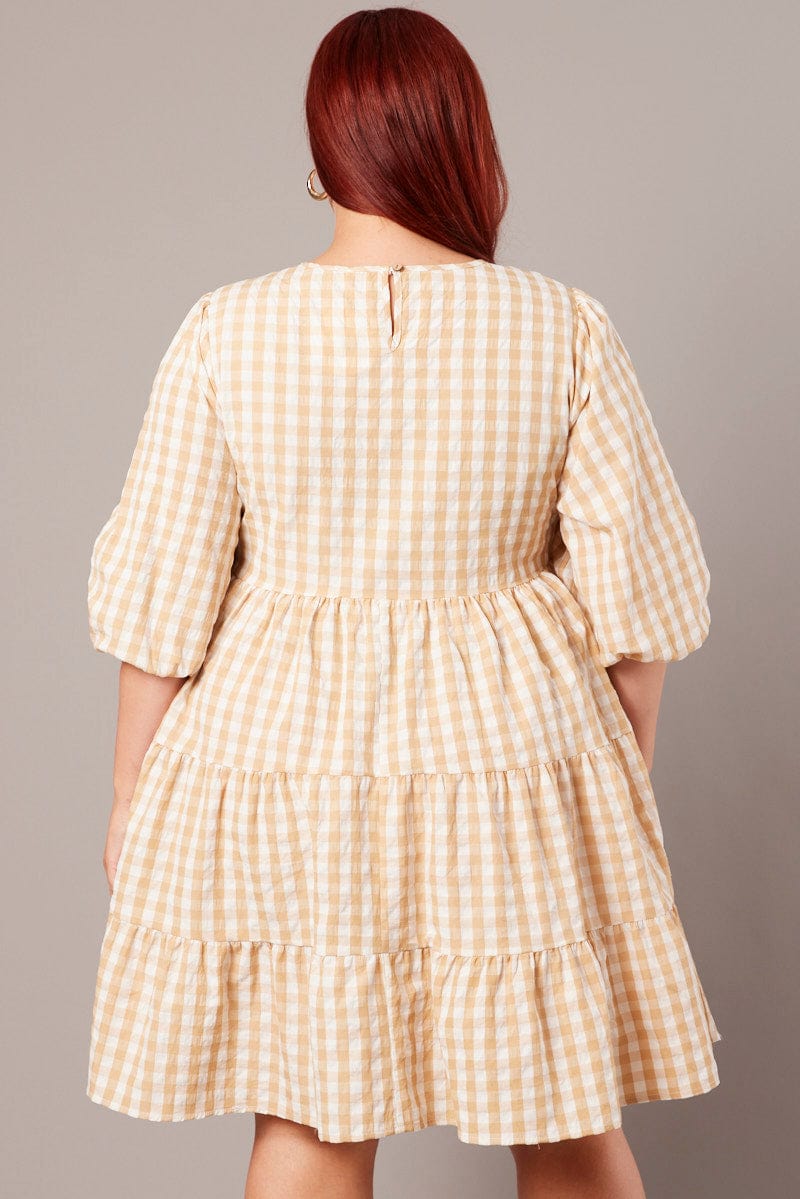 Beige Check Puff 3/4 Sleeve Gingham Smock Dress | You & All Beige Check Puff 3/4 Sleeve Gingham Smock Dress | You & All