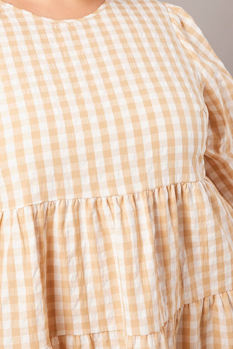 Beige Check Puff 3/4 Sleeve Gingham Smock Dress Beige Check Puff 3/4 Sleeve Gingham Smock Dress