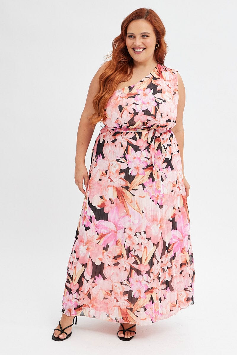 Orange Floral Midi Dress One Shoulder for YouandAll Fashion