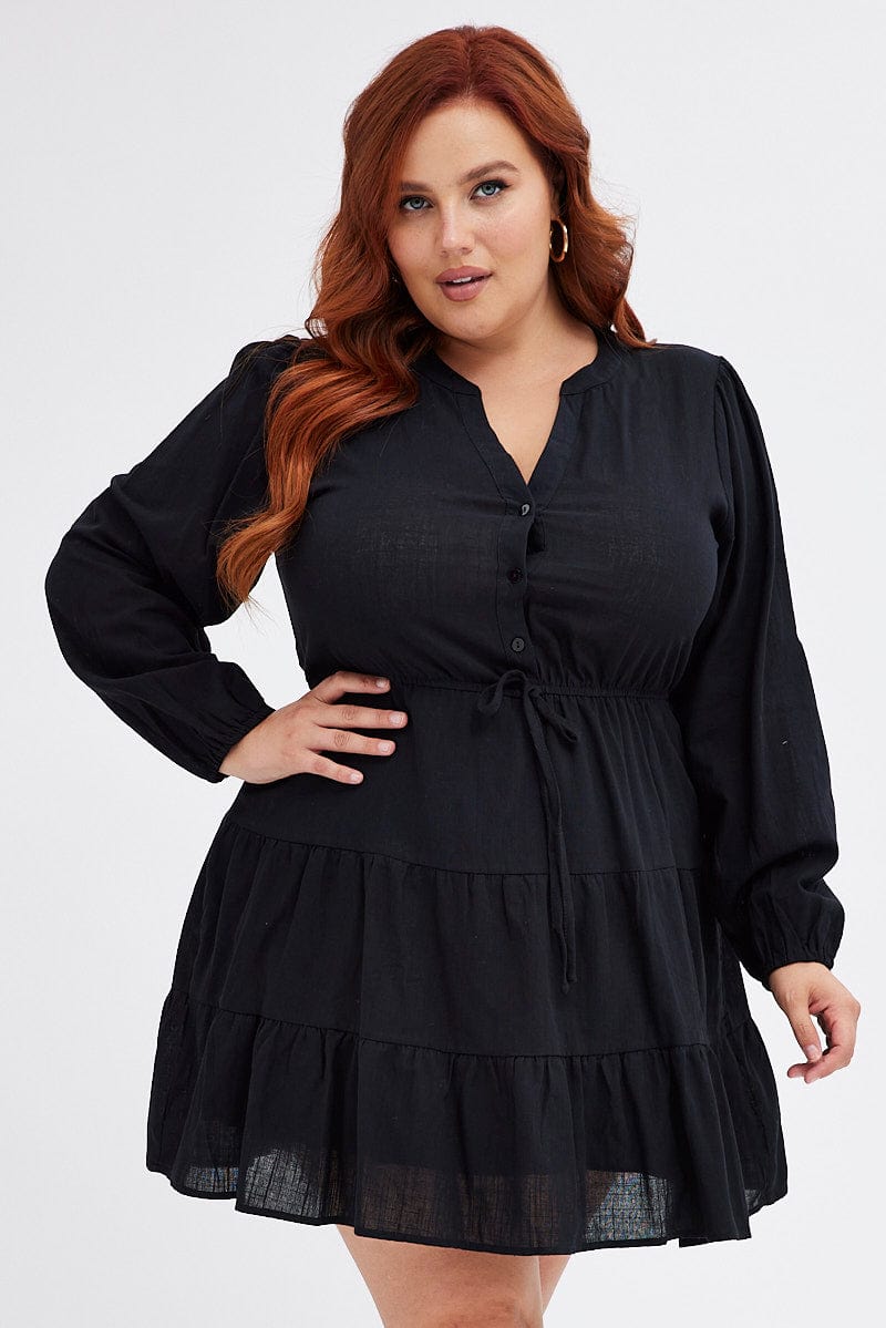 Black Shirt Dress Long Sleeve V-Neck Tiered for YouandAll Fashion