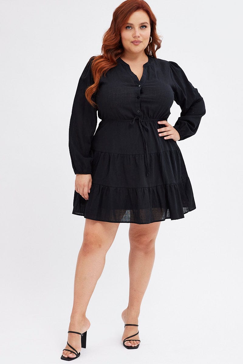Black Shirt Dress Long Sleeve V-neck Tiered You All