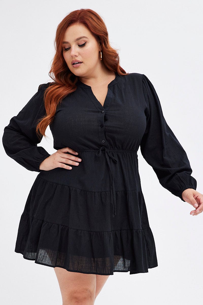 Black Shirt Dress Long Sleeve V-Neck Tiered for YouandAll Fashion