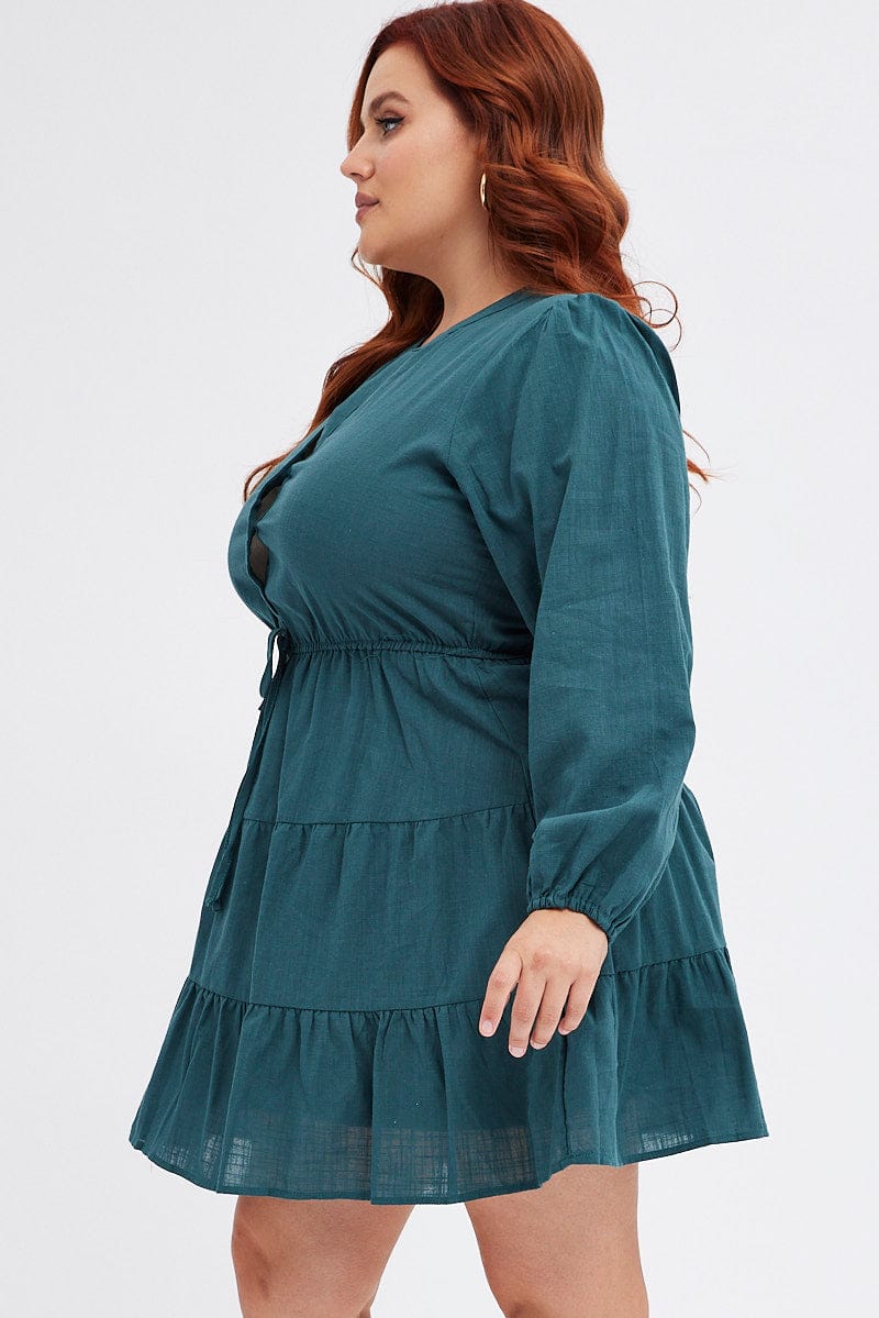 Green Shirt Dress Long Sleeve V-Neck Tiered for YouandAll Fashion