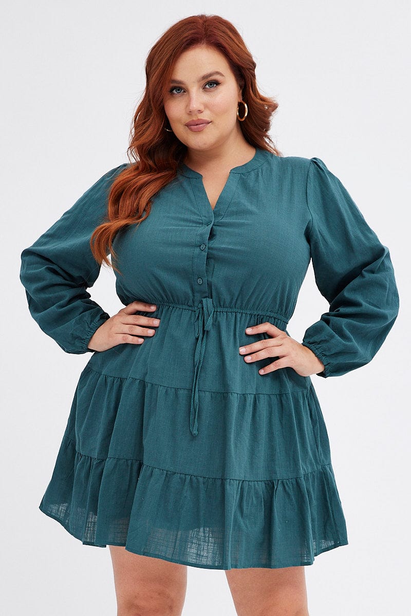 Green Shirt Dress Long Sleeve V-Neck Tiered for YouandAll Fashion