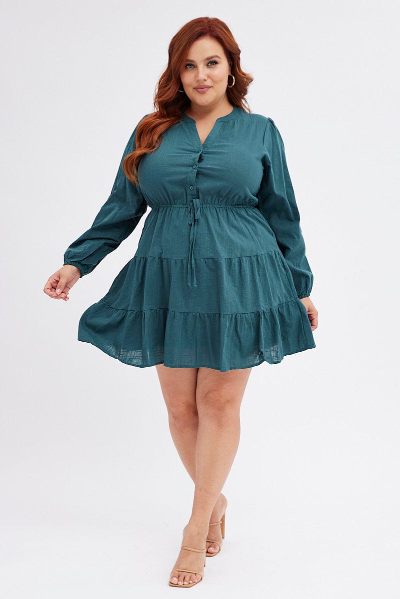 Green Shirt Dress Long Sleeve V-Neck Tiered for YouandAll Fashion