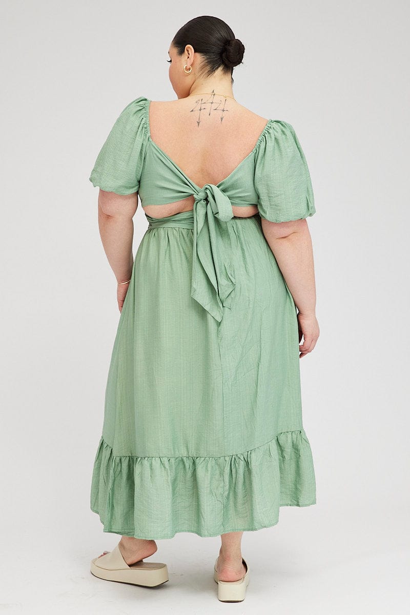 Green Midi Dress Tie Back Short Sleeve for YouandAll Fashion