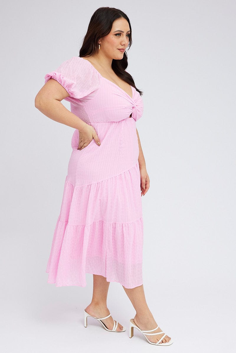 Pink Midi Dress Short Sleeve Cut Out for YouandAll Fashion