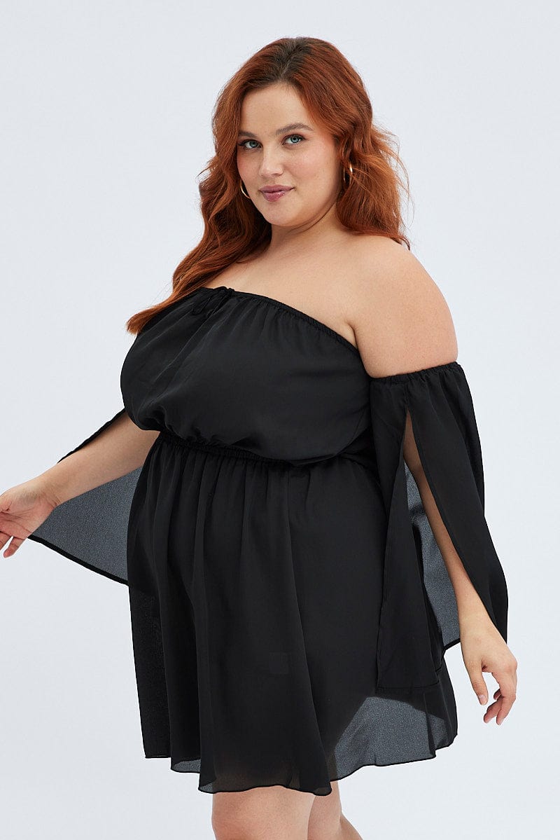 Black Mini Dress Off Shoulder Elastic Waist for YouandAll Fashion