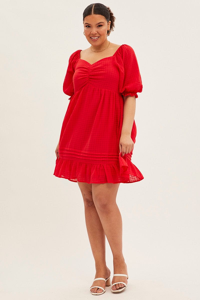 Red Fit And Flare Dress Short Sleeve Sweetheart Neck for YouandAll Fashion