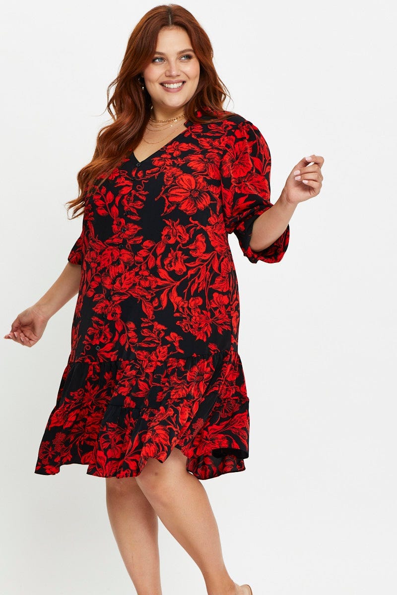 Floral Prt Skater Dress V-Neck Three-Quarter Sleeve For Women By You And All