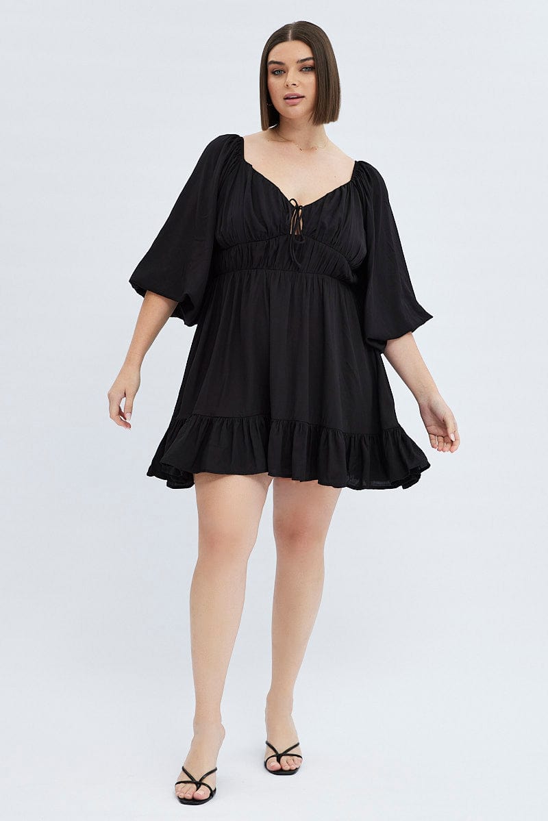 Black Fit And Flare Dress 3/4 Sleeve Tiered Cut Out | You & All Black Fit And Flare Dress 3/4 Sleeve Tiered Cut Out | You & All