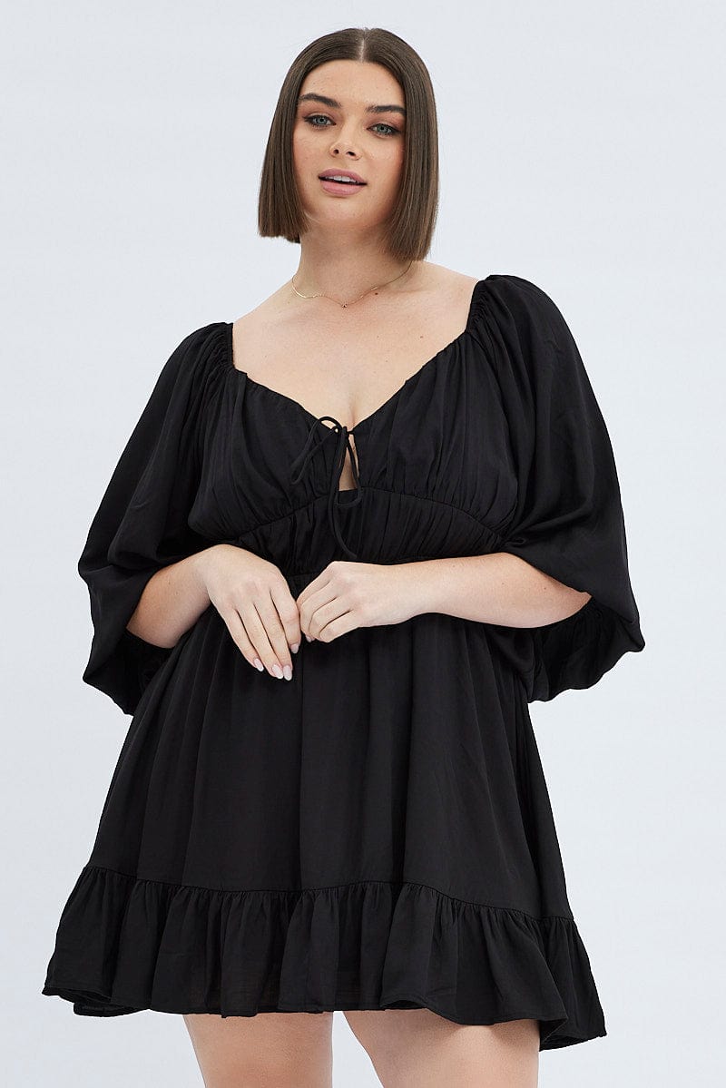 Black Fit And Flare Dress 3/4 Sleeve Tiered Cut Out | You & All Black Fit And Flare Dress 3/4 Sleeve Tiered Cut Out | You & All