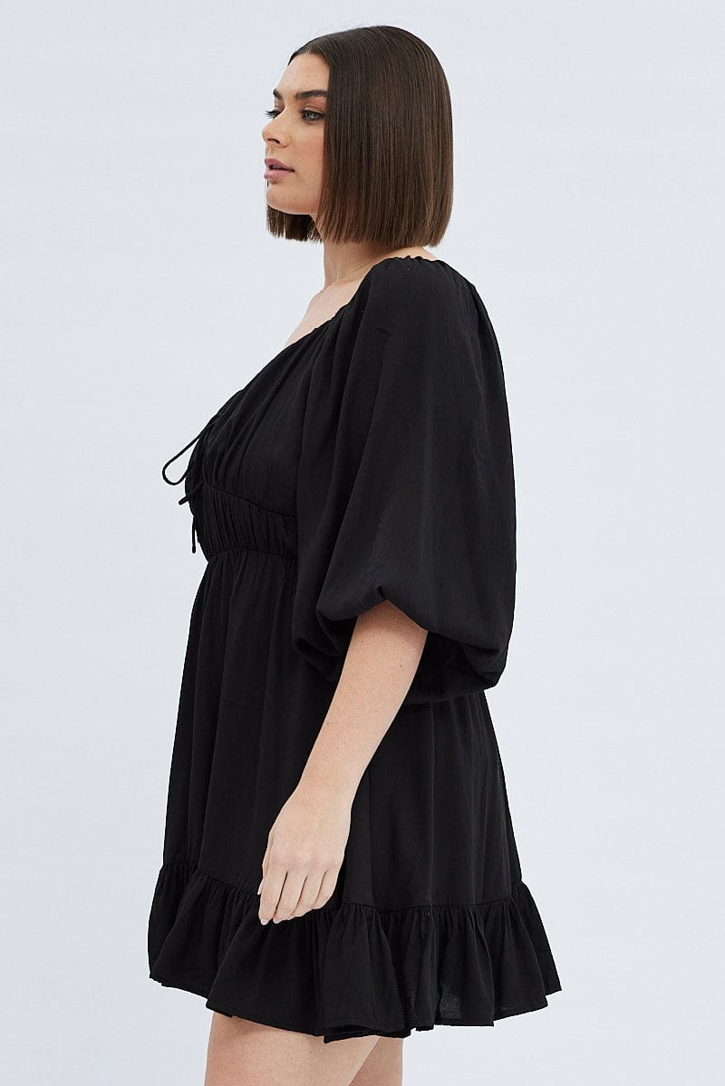 Black Fit And Flare Dress 3/4 Sleeve Tiered Cut Out | You & All Black Fit And Flare Dress 3/4 Sleeve Tiered Cut Out | You & All