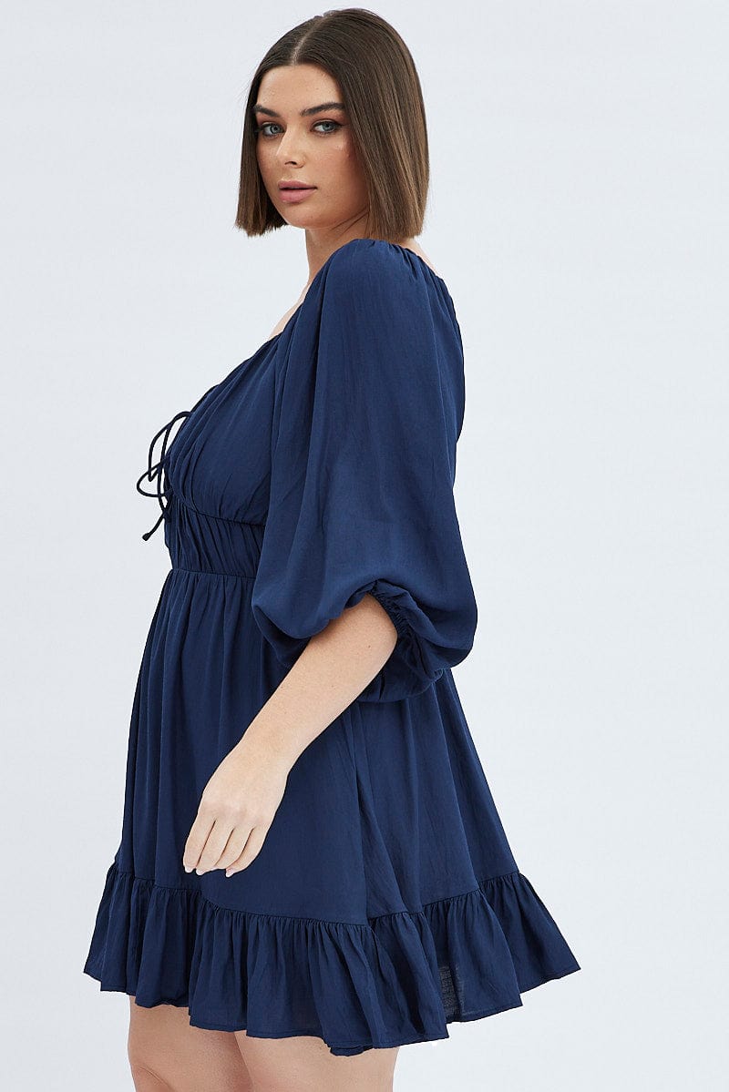 Blue Fit and Flare Dress Long Sleeve Tiered Cut Out for YouandAll Fashion