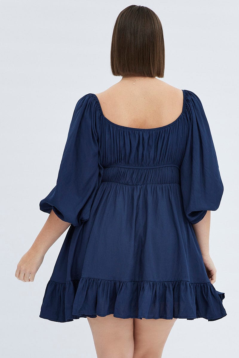 Blue Fit And Flare Dress 3/4 Sleeve Tiered Cut Out | You & All Blue Fit And Flare Dress 3/4 Sleeve Tiered Cut Out | You & All