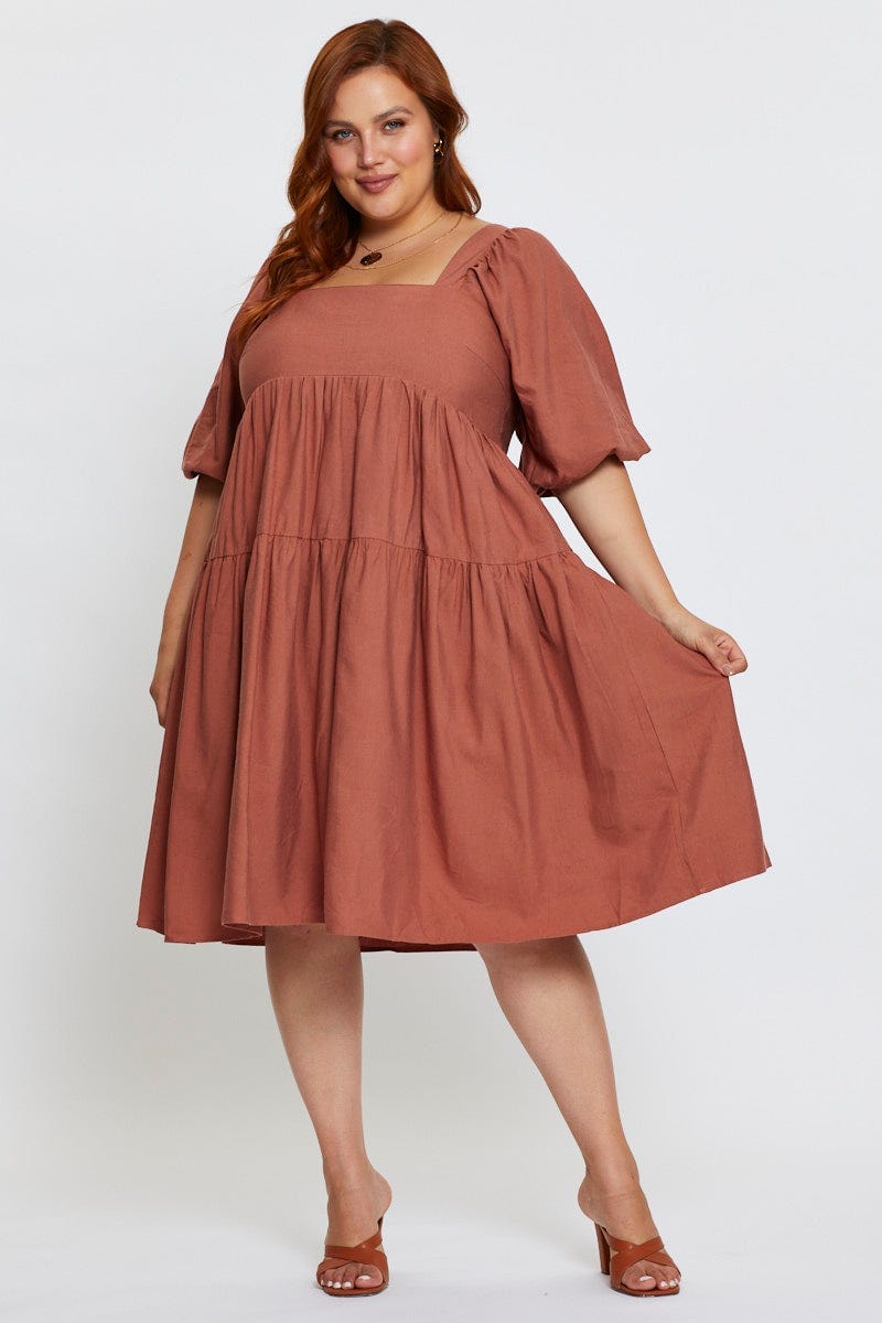 Rust Skater Dress Clay Square Neck Short Sleeve For Women By You And All
