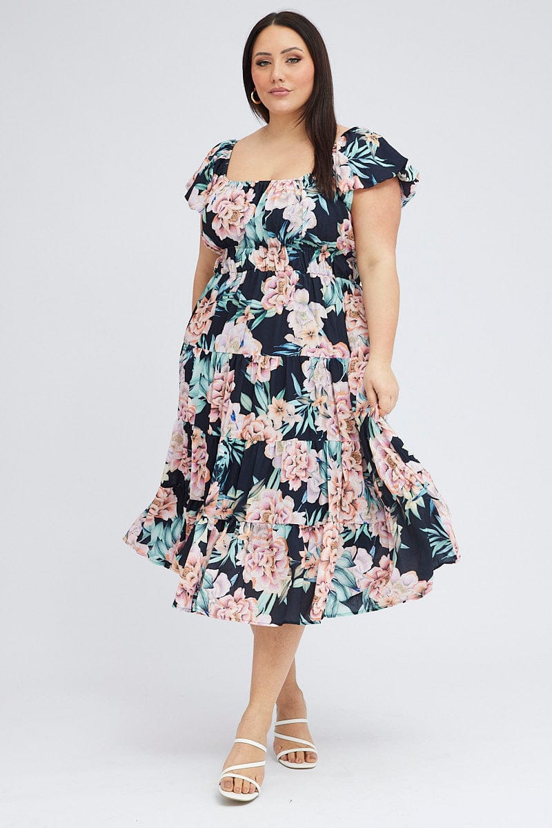 Black Floral Midi Dress Short Sleeve Ruched for YouandAll Fashion