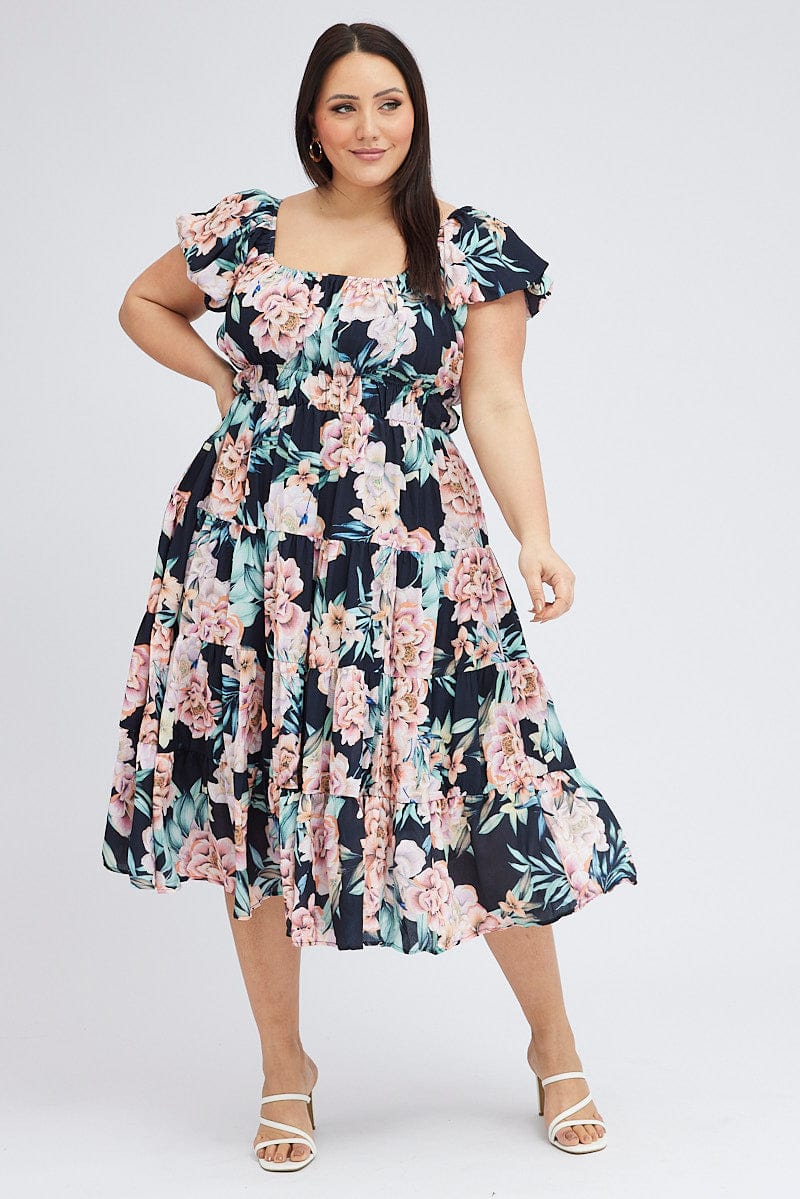 Black Floral Midi Dress Short Sleeve Ruched for YouandAll Fashion