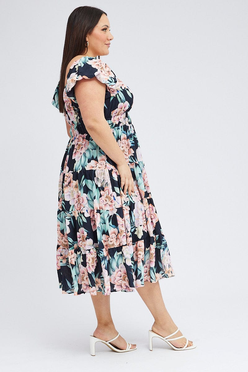Black Floral Midi Dress Short Sleeve Ruched for YouandAll Fashion