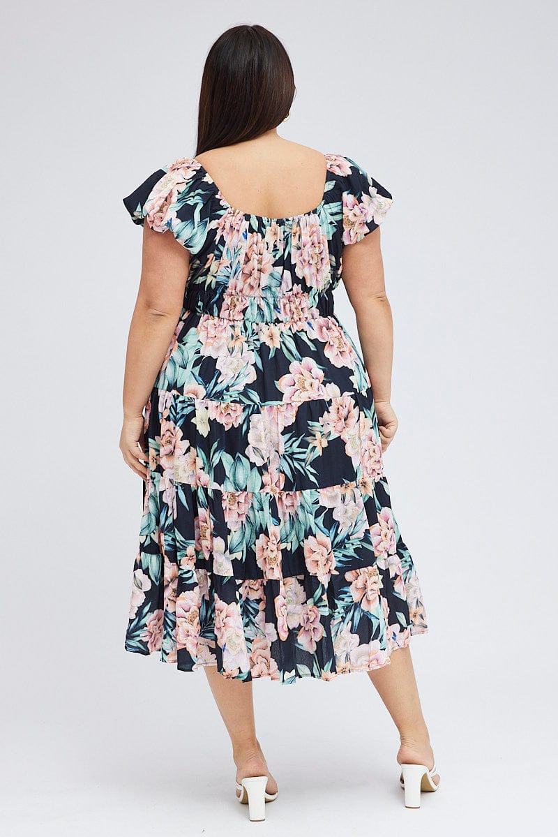 Black Floral Midi Dress Short Sleeve Ruched for YouandAll Fashion
