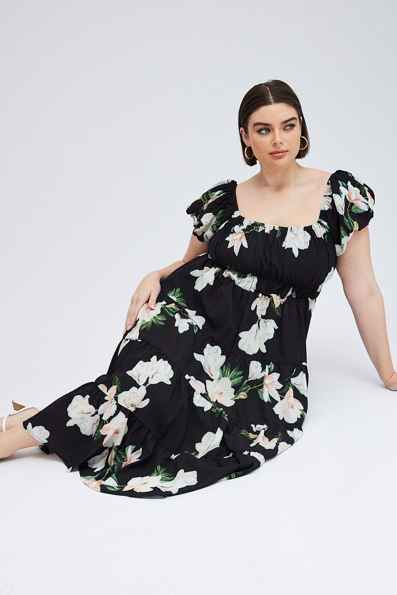 Black Floral Midi Dress Short Sleeve Tiered Ruched for YouandAll Fashion