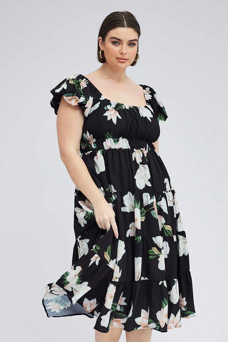 Black Floral Midi Dress Short Sleeve Tiered Ruched for YouandAll Fashion