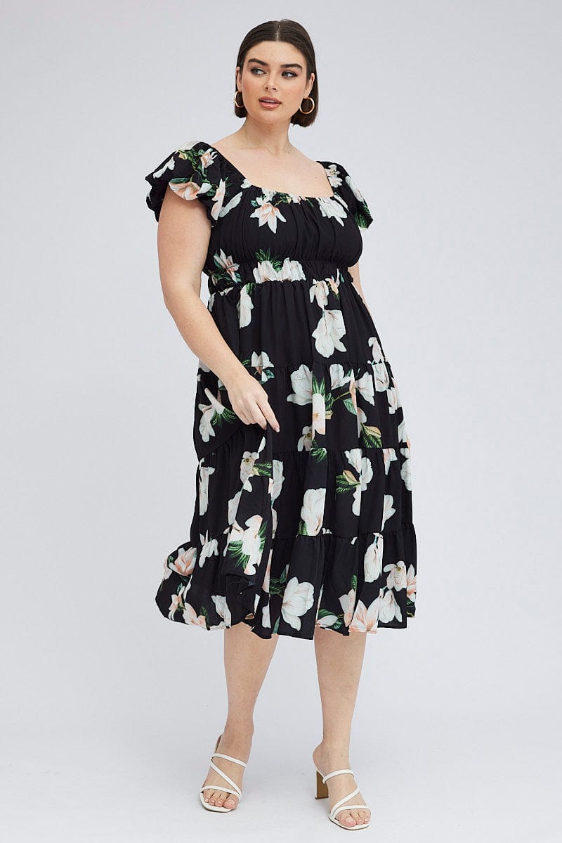 Black Floral Midi Dress Short Sleeve Tiered Ruched for YouandAll Fashion