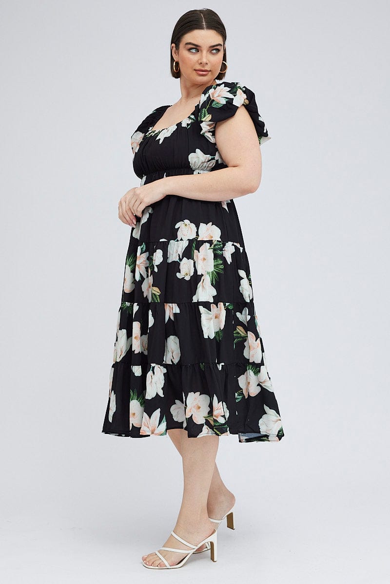 Black Floral Midi Dress Short Sleeve Tiered Ruched for YouandAll Fashion