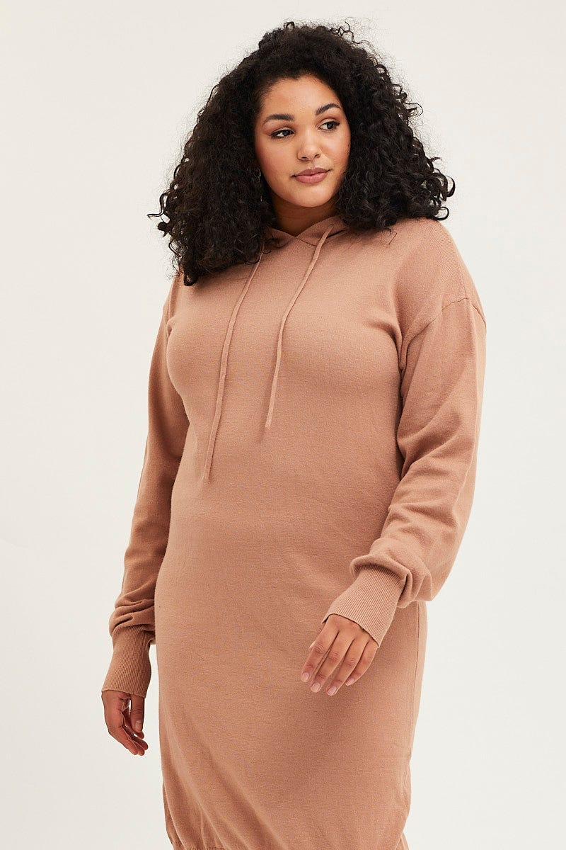 Brown Plus Long Sleeve Hoodie Knit Dress For Women By You And All