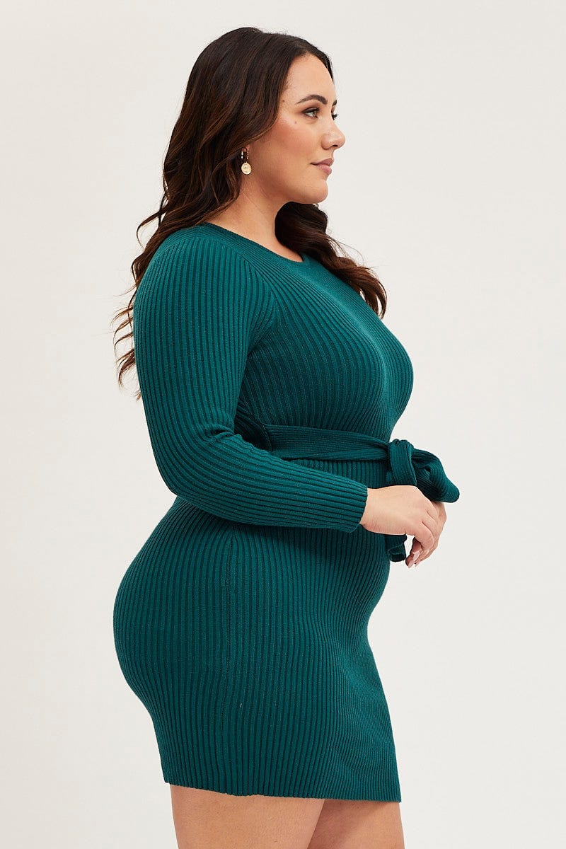 Green Bodycon Dress Long Sleeve Knit Waist Tie For Women By You And All