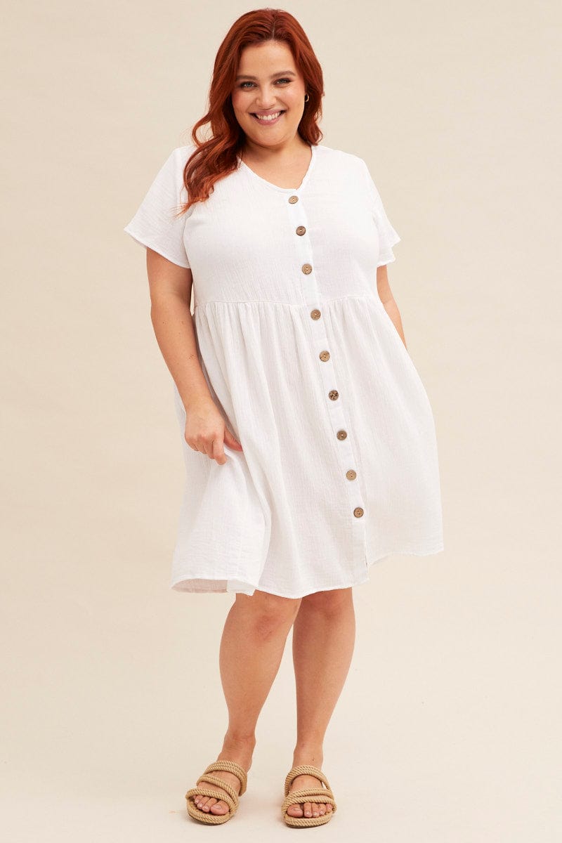 White Short Sleeve Textured Button Smock Dress For Women By You And All