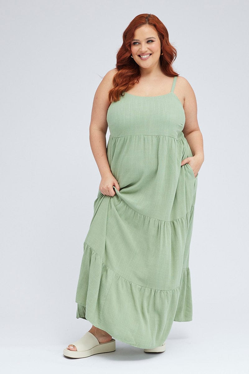 Green Maxi Dress Sleeveless Tiered Linen Blend for YouandAll Fashion