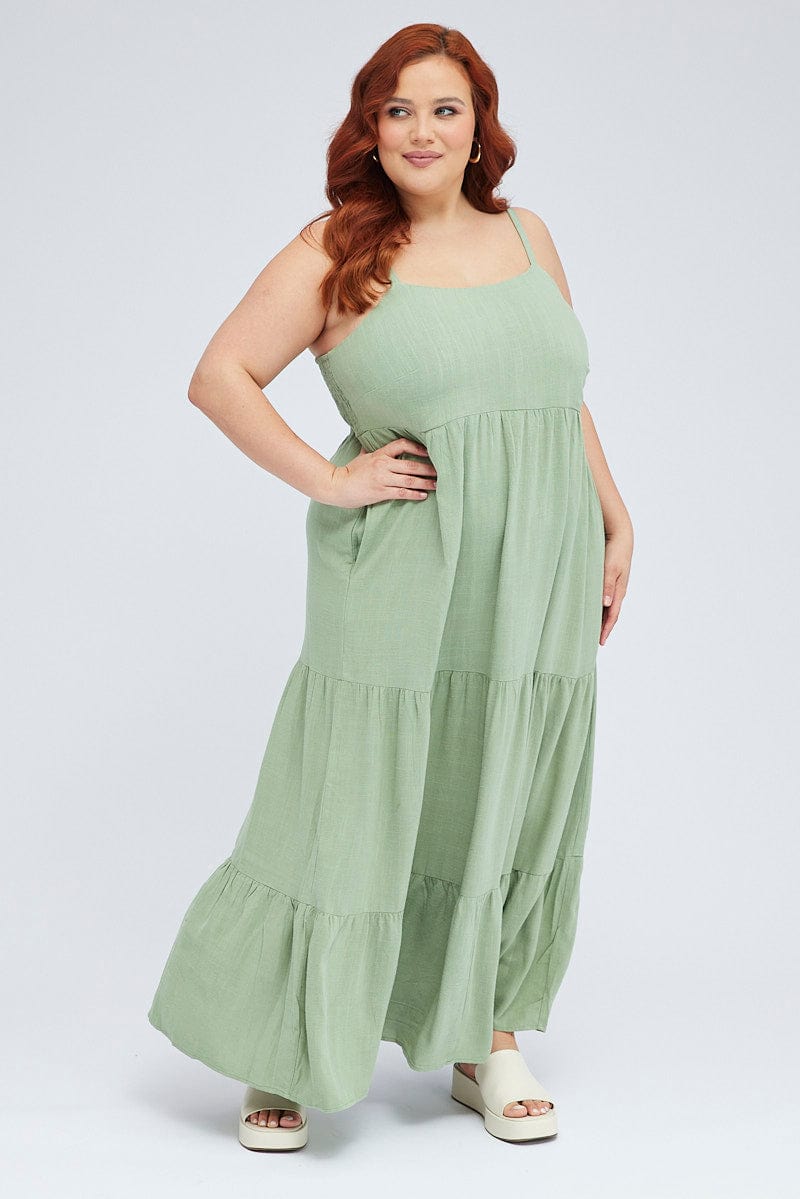 Green Maxi Dress Sleeveless Tiered Linen Blend for YouandAll Fashion