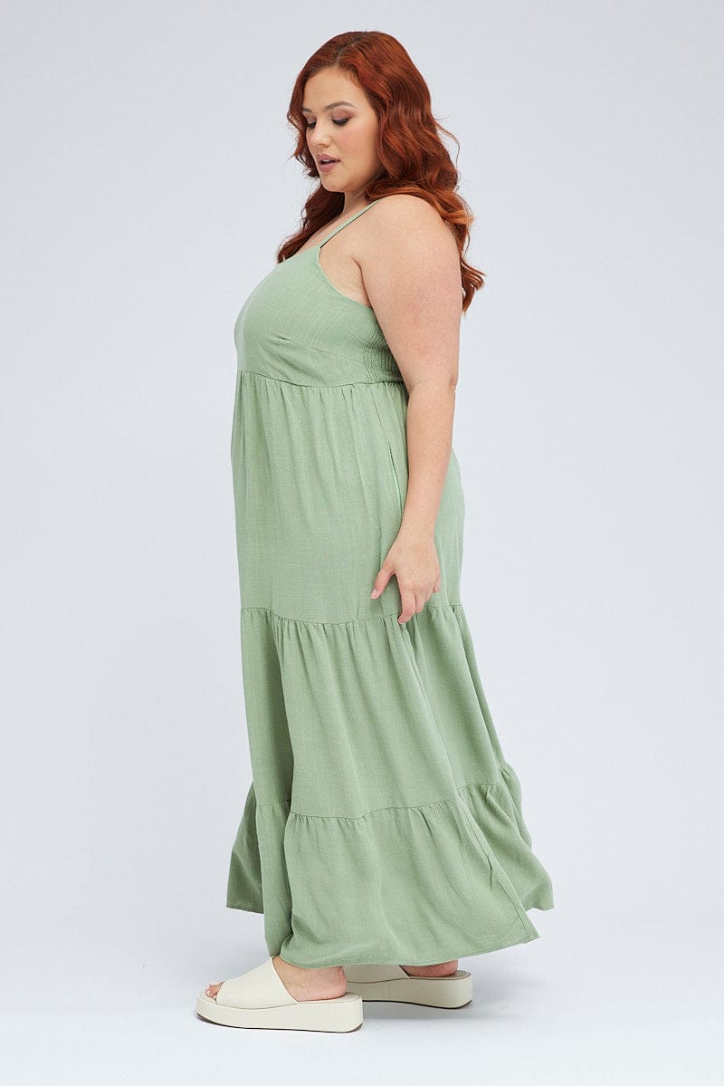 Green Maxi Dress Sleeveless Tiered Linen Blend for YouandAll Fashion