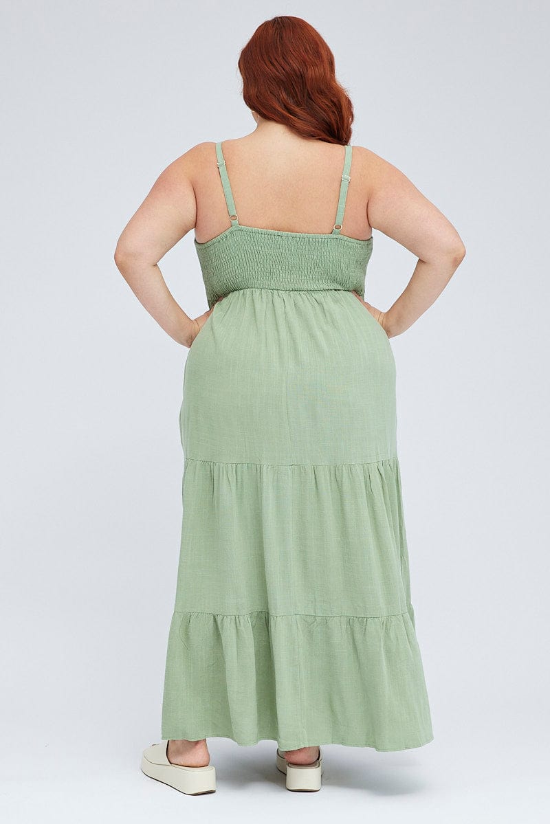 Green Maxi Dress Sleeveless Tiered Linen Blend for YouandAll Fashion