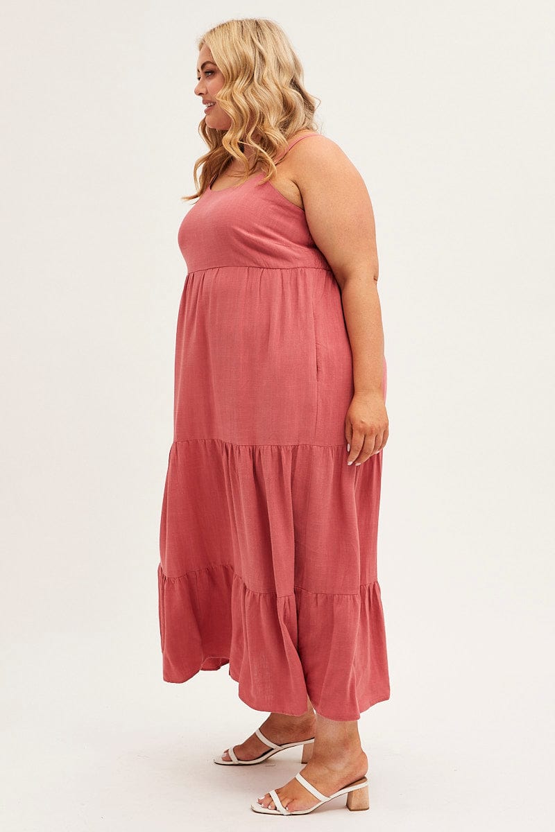 RUST Maxi Dress Sleeveless Tiered Linen Blend