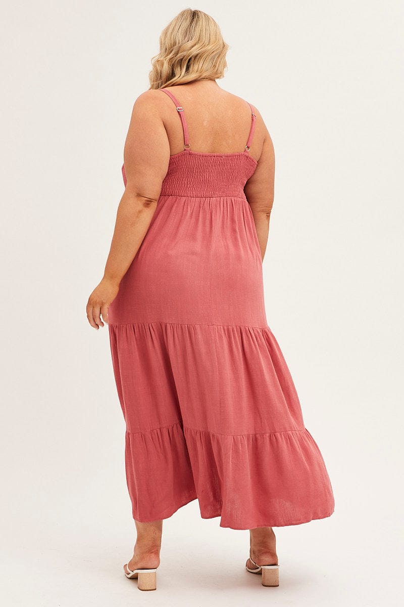 RUST Maxi Dress Sleeveless Tiered Linen Blend