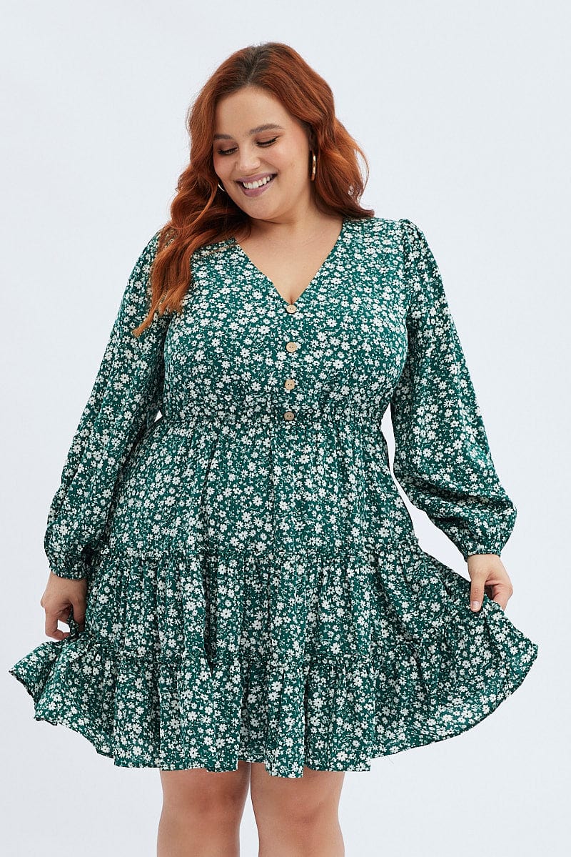 Green Ditsy Fit and Flare Dress Long Sleeve Button Front for YouandAll Fashion