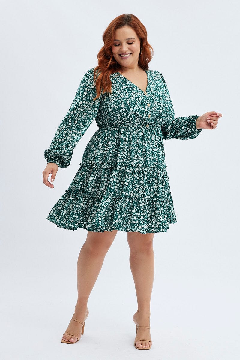 Green Ditsy Fit and Flare Dress Long Sleeve Button Front for YouandAll Fashion