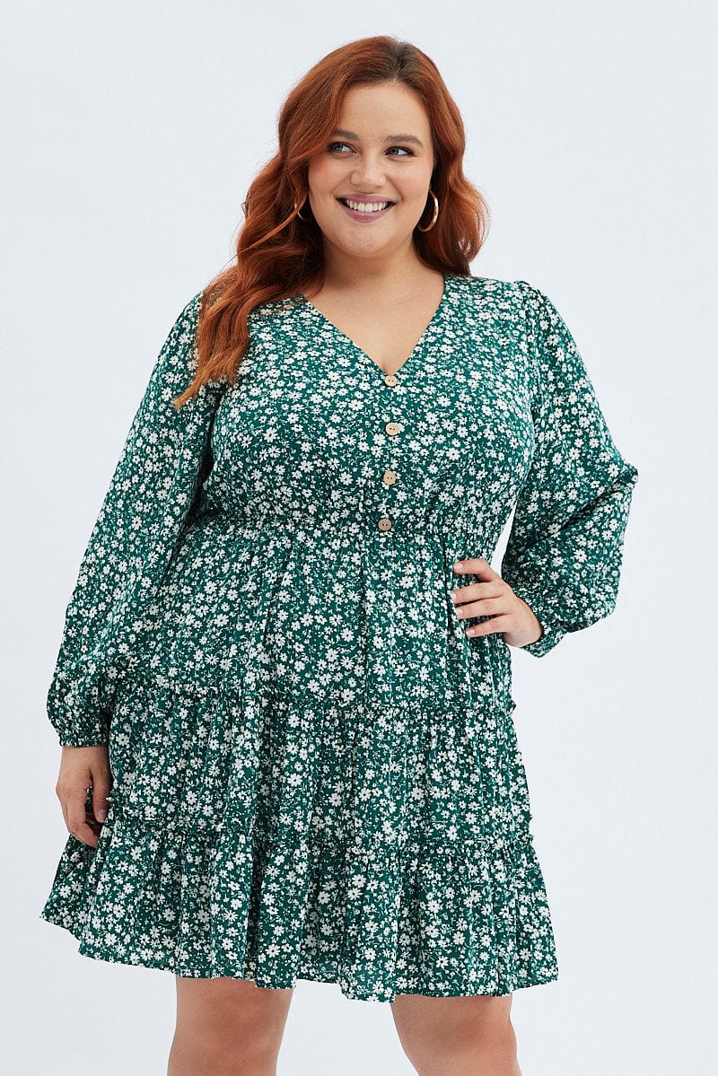 Green Ditsy Fit and Flare Dress Long Sleeve Button Front for YouandAll Fashion