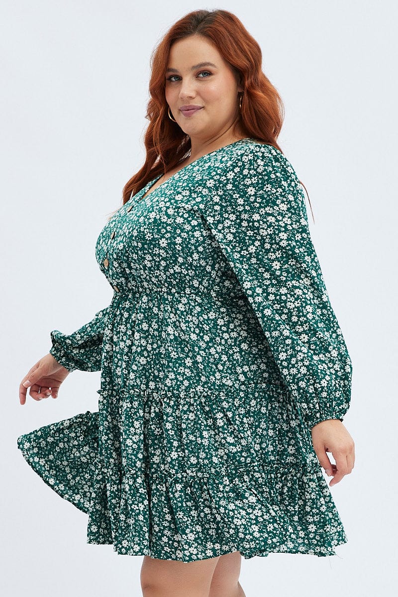 Green Ditsy Fit And Flare Dress Long Sleeve Button Front | You & All Green Ditsy Fit And Flare Dress Long Sleeve Button Front | You & All