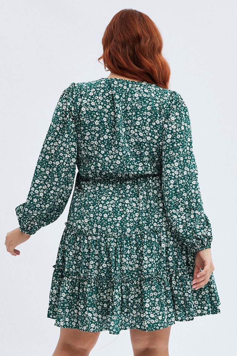 Green Ditsy Fit and Flare Dress Long Sleeve Button Front for YouandAll Fashion