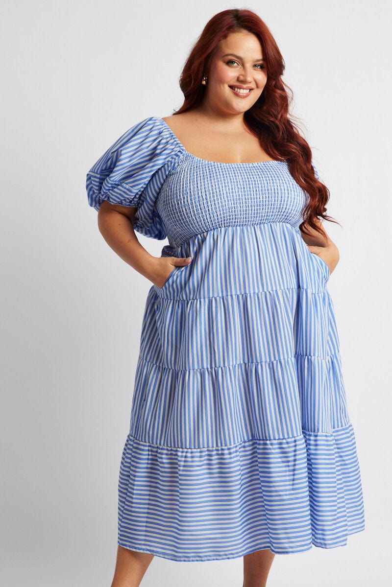 Blue Stripe Midi Dress Short Sleeve Shirred for YouandAll Fashion