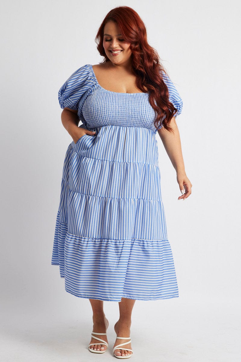 Blue Stripe Midi Dress Short Sleeve Shirred for YouandAll Fashion