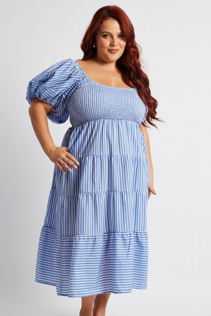 Blue Stripe Midi Dress Short Sleeve Shirred for YouandAll Fashion