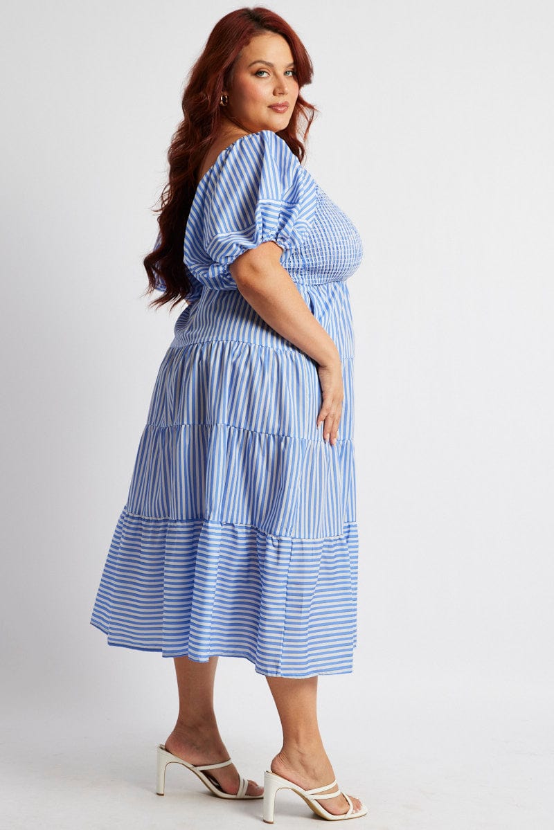 Blue Stripe Midi Dress Short Sleeve Shirred for YouandAll Fashion